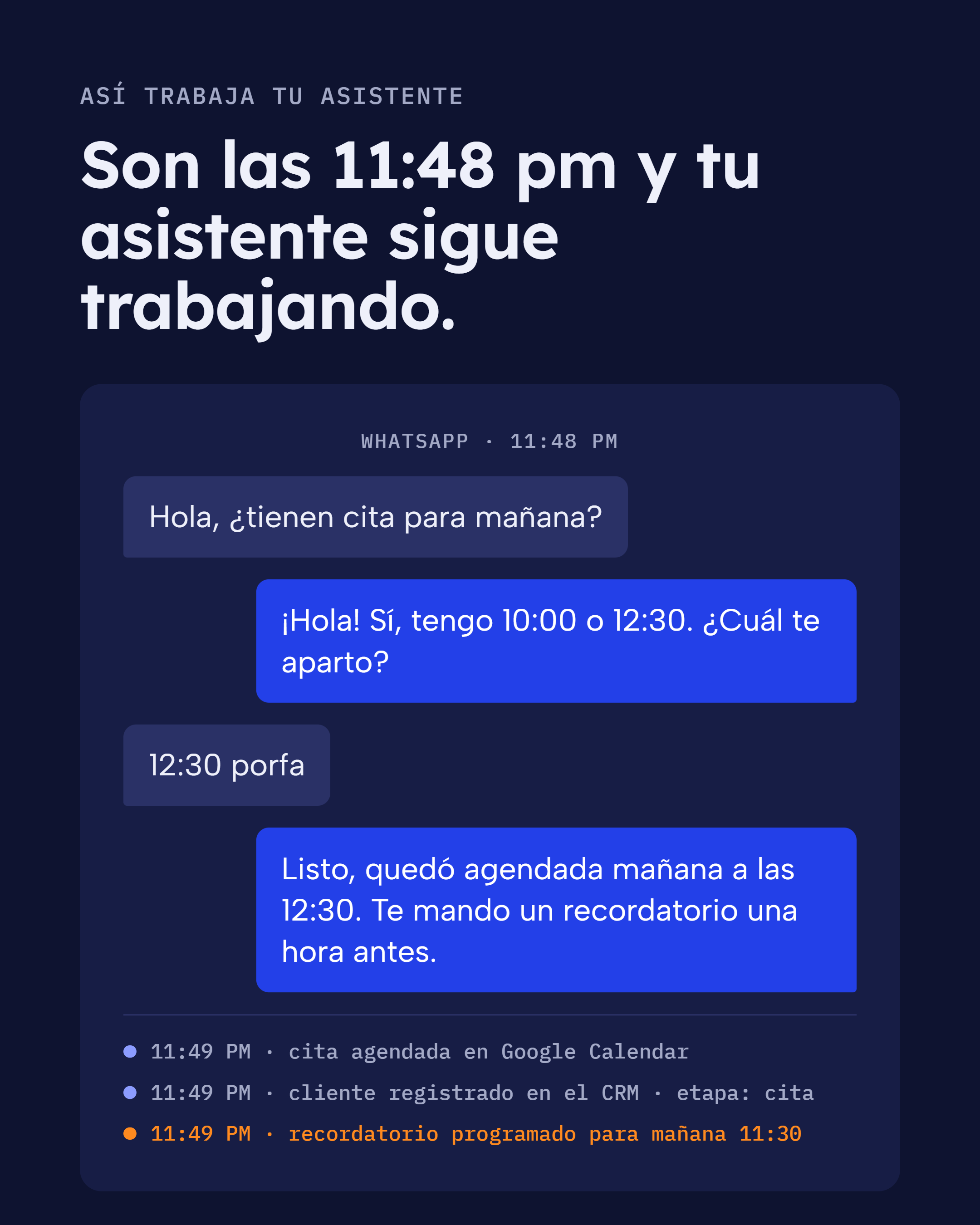 Son las 11:48 pm y tu asistente sigue trabajando en WhatsApp, Google Calendar y CRM