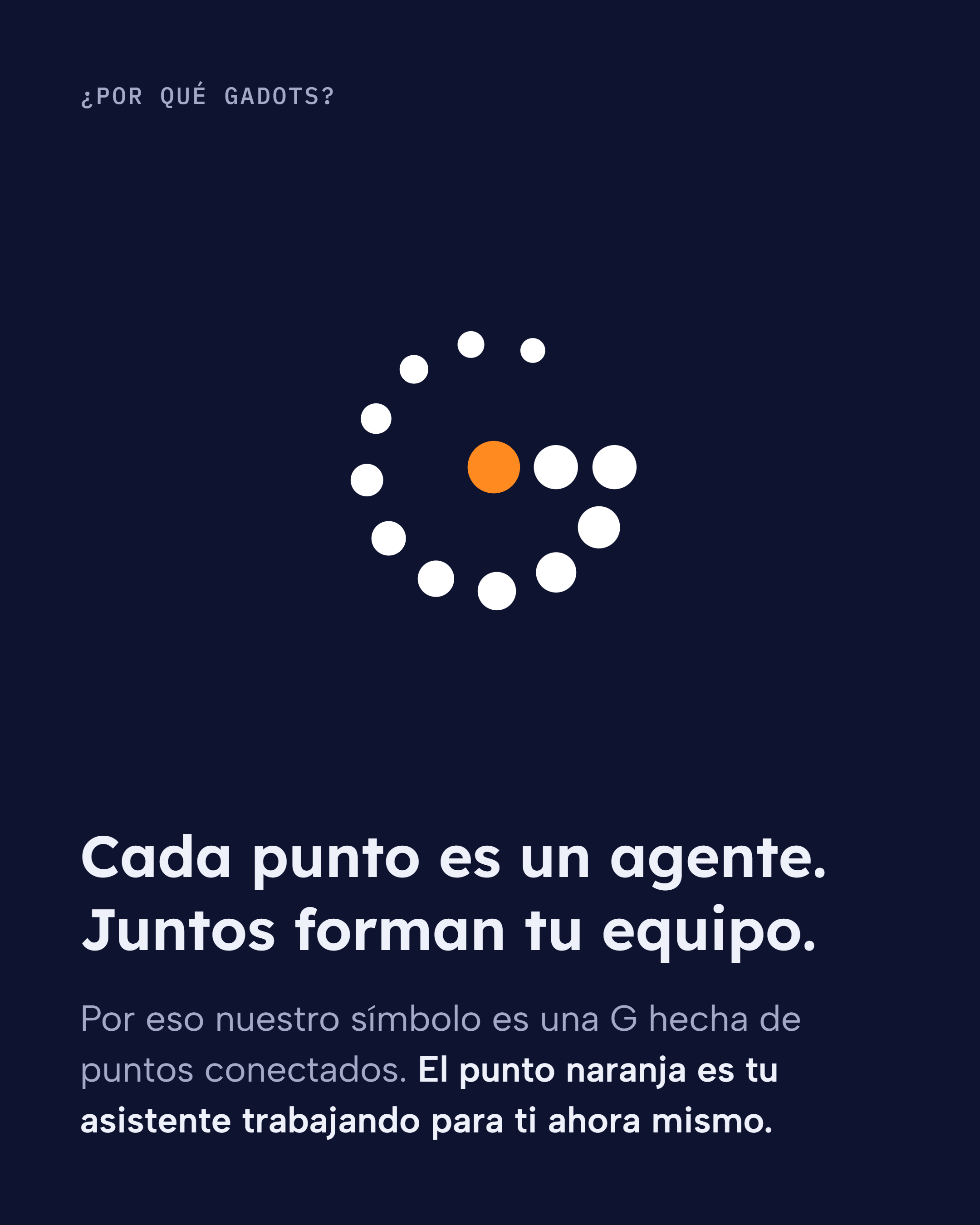 Cada punto es un agente. Juntos forman tu equipo. El punto naranja es tu asistente trabajando para ti ahora mismo.